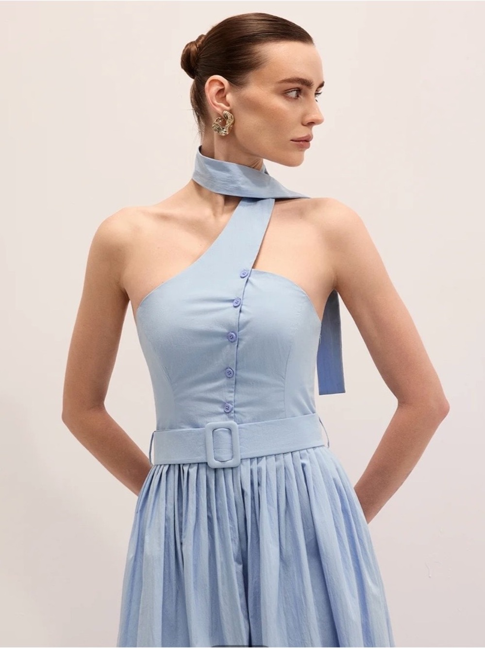 Commense Light Blue Halter Midi Dress with Belted Waist - Picture 2 of 6